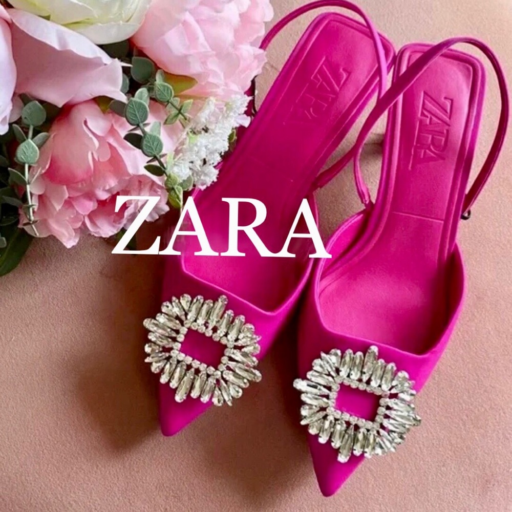 ZARA Fuschia Pink Kitten Heels With Rinestone Jewel Accent 40